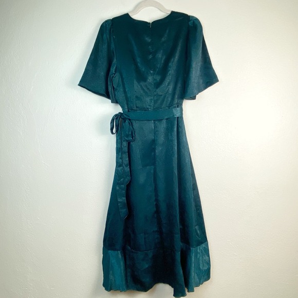 Lulus Wrapped Up In Love Emerald Green Satin Faux Wrap Dress Womens S - Picture 11 of 15